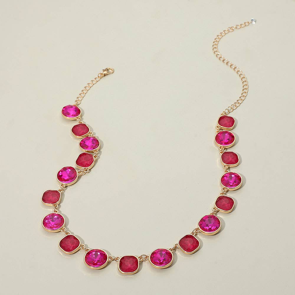 Round Square Stone Bezel Cluster Link Necklace: Light Pink