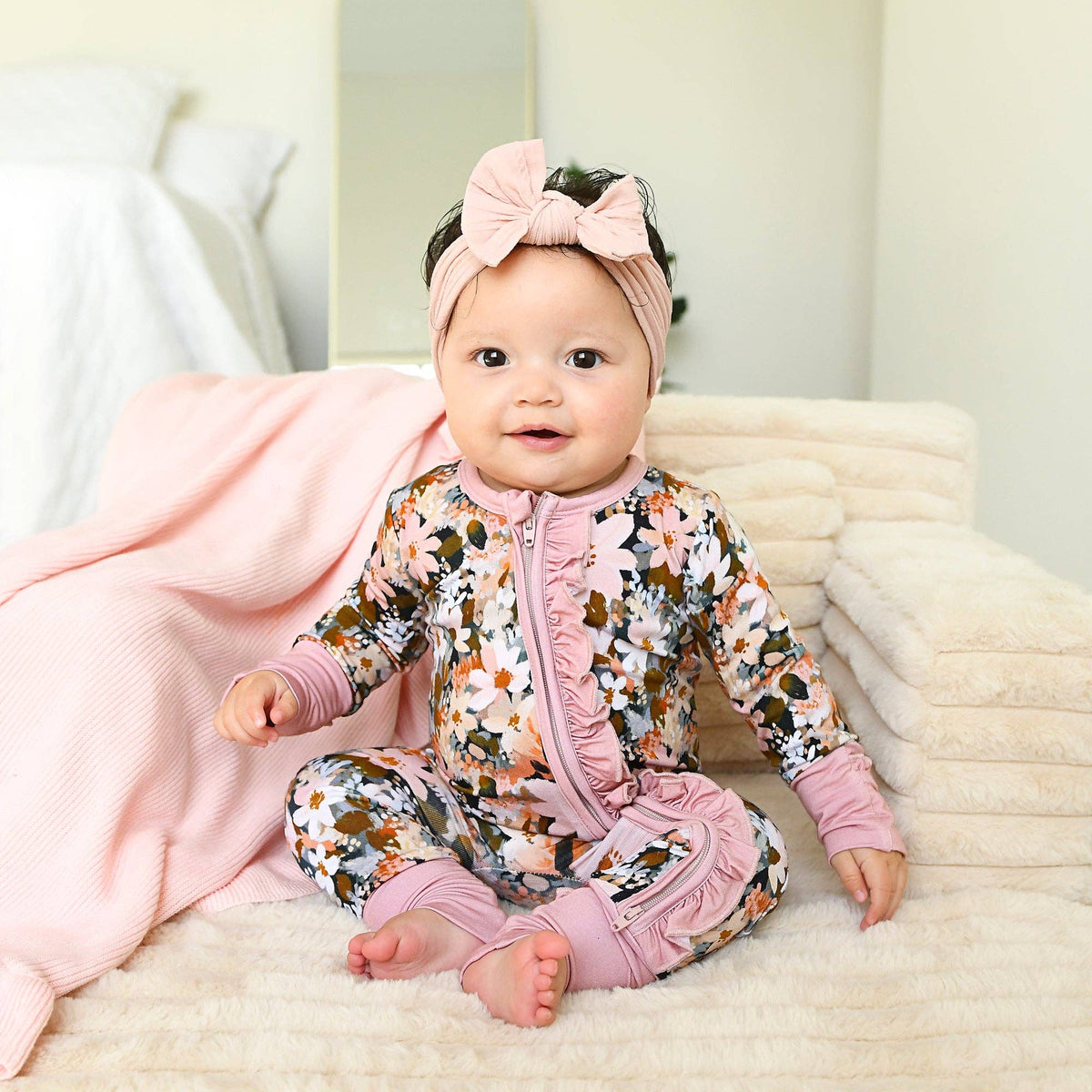 Palmer RUFFLE ZIP Bamboo Floral One Piece Baby Outfit: 3-6m