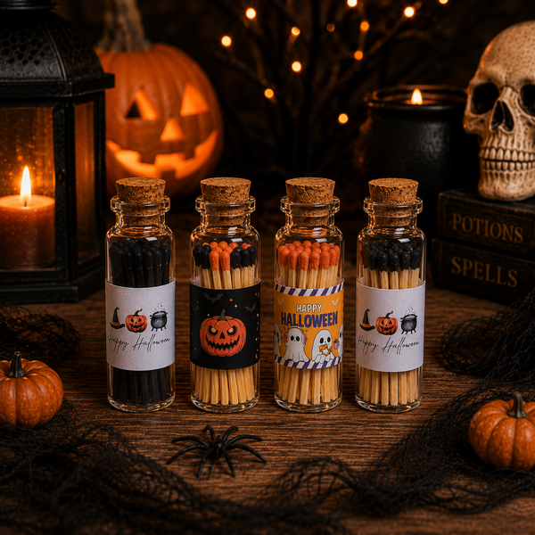 Halloween Decorative Match Vials | 20 Matches & Striker: Happy Halloween White / Black