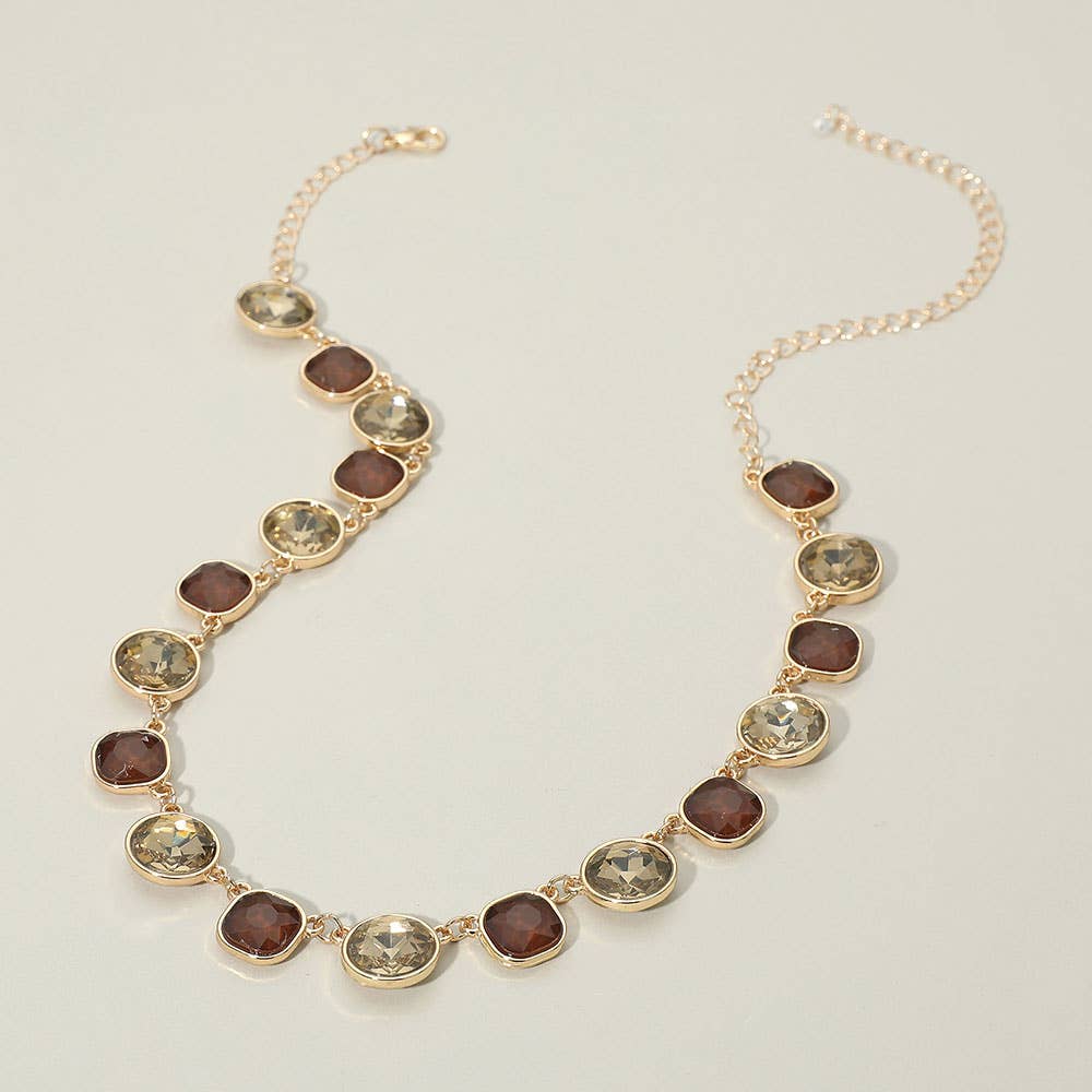 Round Square Stone Bezel Cluster Link Necklace: Clear