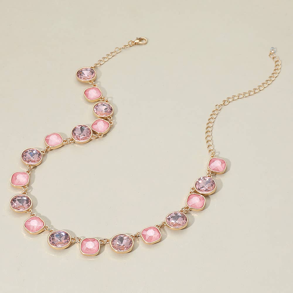 Round Square Stone Bezel Cluster Link Necklace: Light Pink