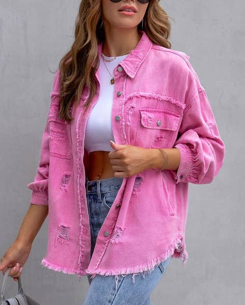 Ripped Long-Sleeved Denim Jacket - Candle Queen Candles