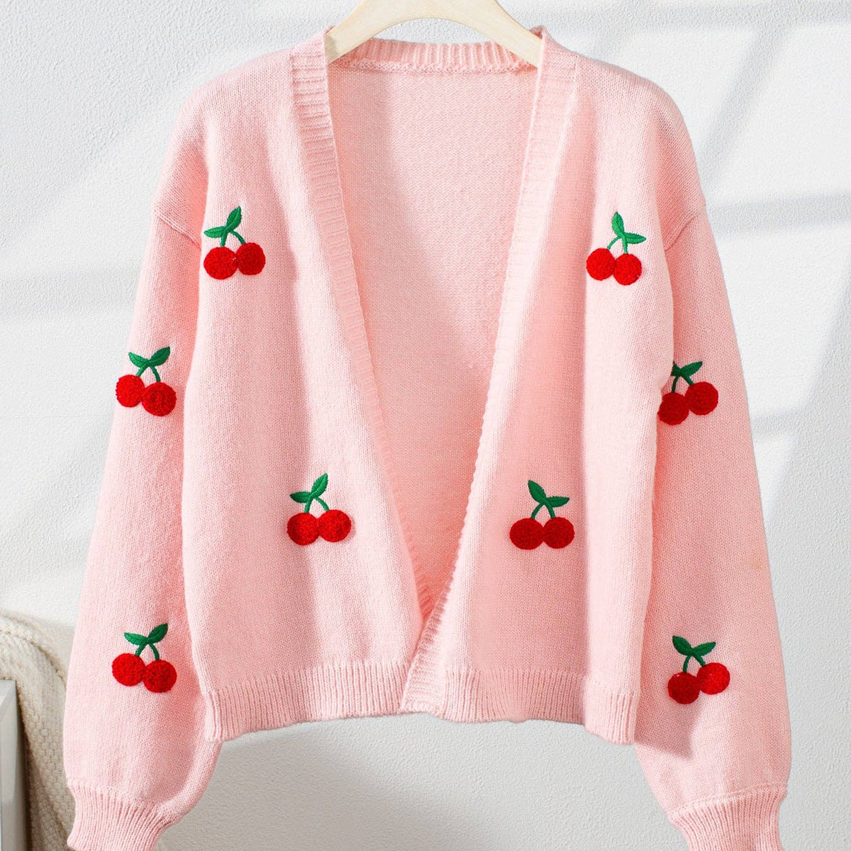 Cherry Embroidery Pink Sweater Cardigan