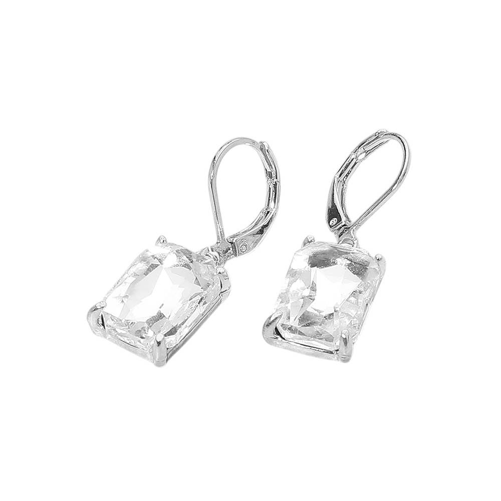 Rectangular Glass Stone Drop Dangle Earrings: Clear,Silver