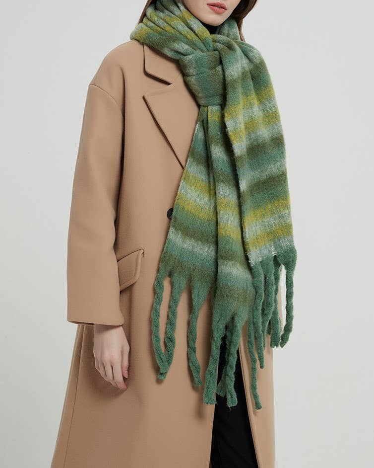 Multicolor stripe cozy soft fringe scarf wrap: Beige / M