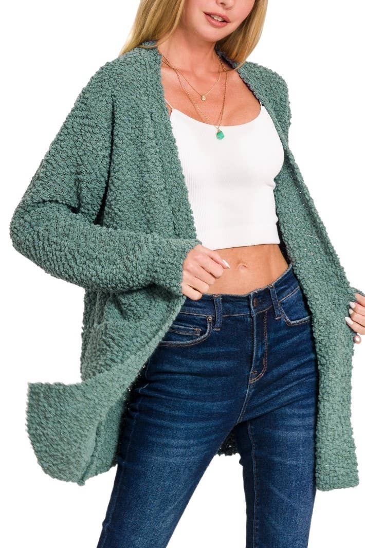 Long Sleeve Popcorn Sweater Cardigan With Pockets: BROWN / 1-1-1-1 (S-M-L-XL)