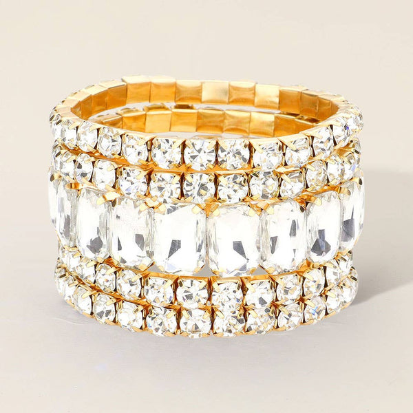 5PCS - Emerald Cut Round Stone Stretch Evening Bracelets: GOLD CLEAR