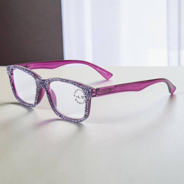 Handmade Rhinestone Rectangle Reader Glasses G0540- Violet: Violet / +3.00