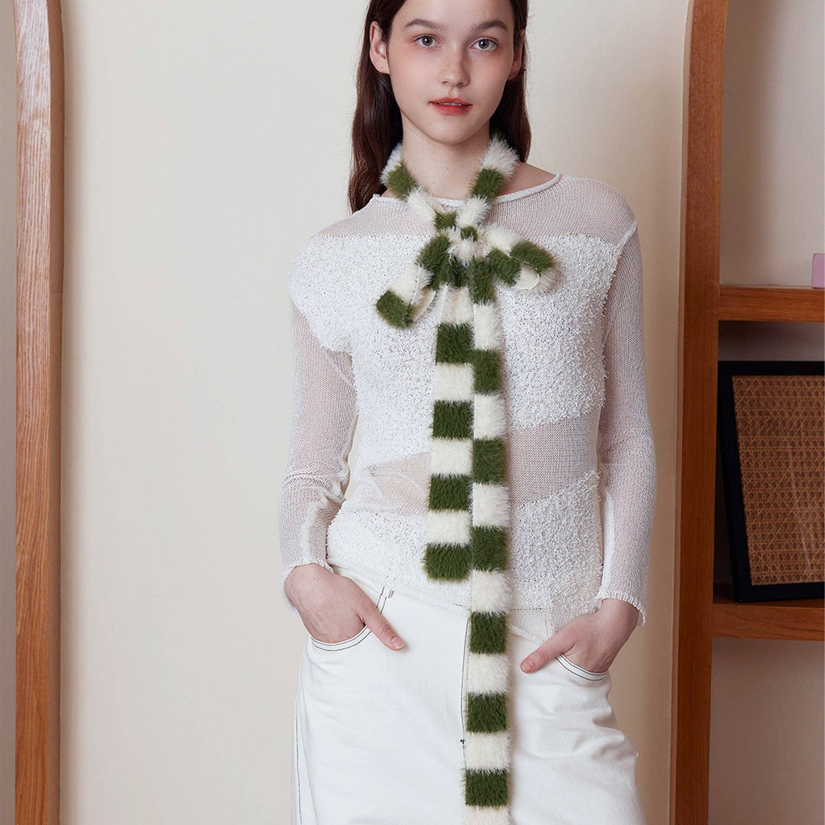 Trendy Striped Knitted Scarf for Women: Black and White Patchwork