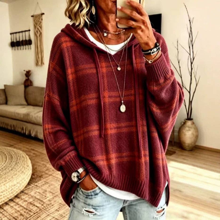 Plaid Hooded Oversized Knit Pullover Sweater: Blue