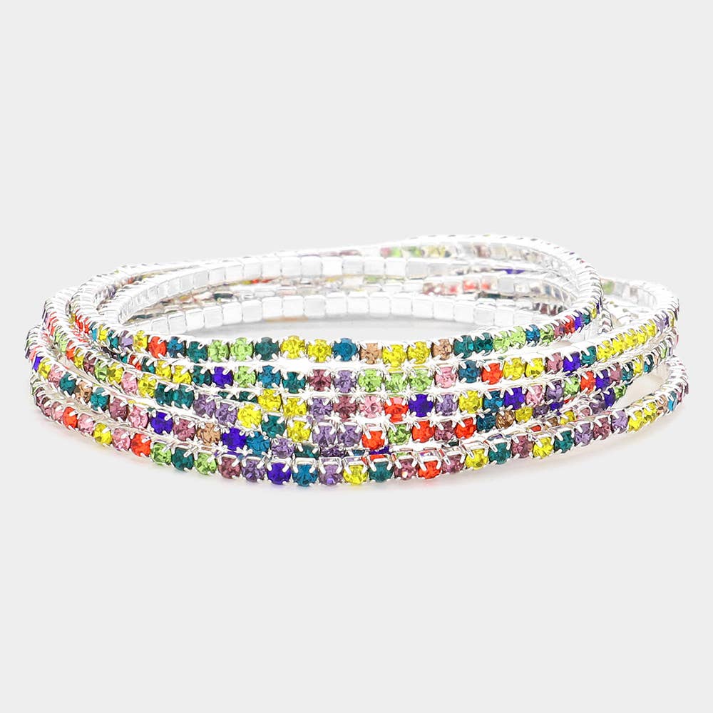 6PCS - Rhinestone Stretch Evening Bracelets: Clear,Silver