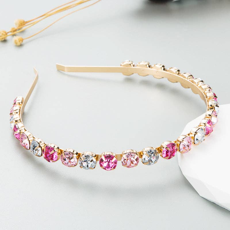 Baroque Gold Metal Headband With Colorful Rhinestones: Pastel Pink