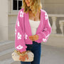 Floral Knit Crop Cardigan - Fuzzy V-Neck Sweater: Hot Pink / Medium