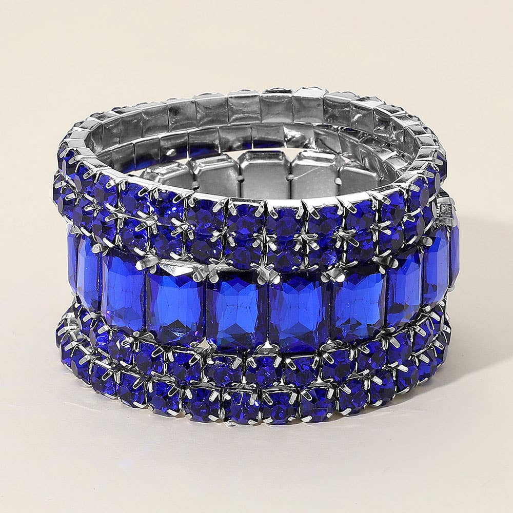 5PCS - Emerald Cut Round Stone Stretch Evening Bracelets: GOLD CLEAR