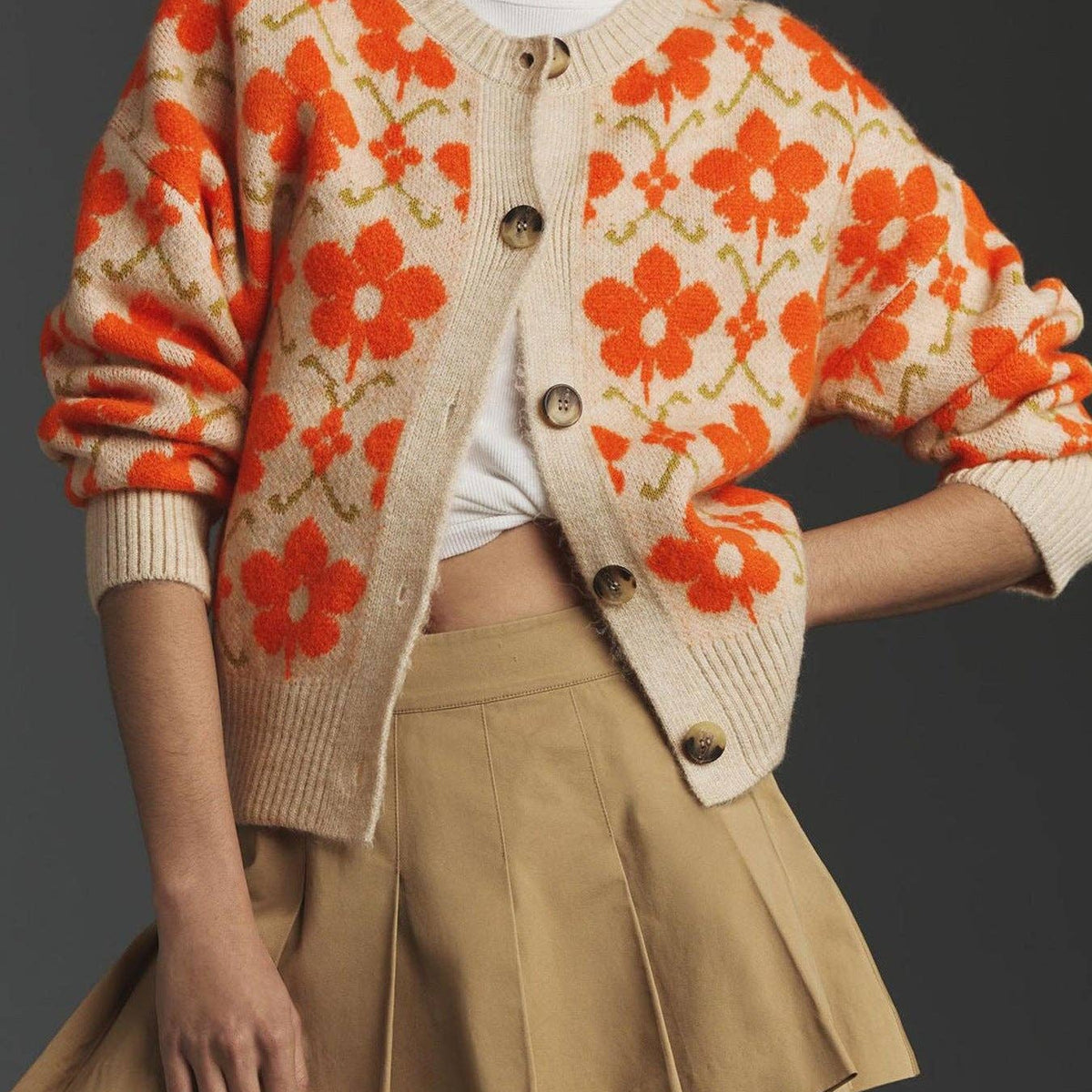 Floral Jacquard Sweater Knitted Cardigan: Orange Apricot