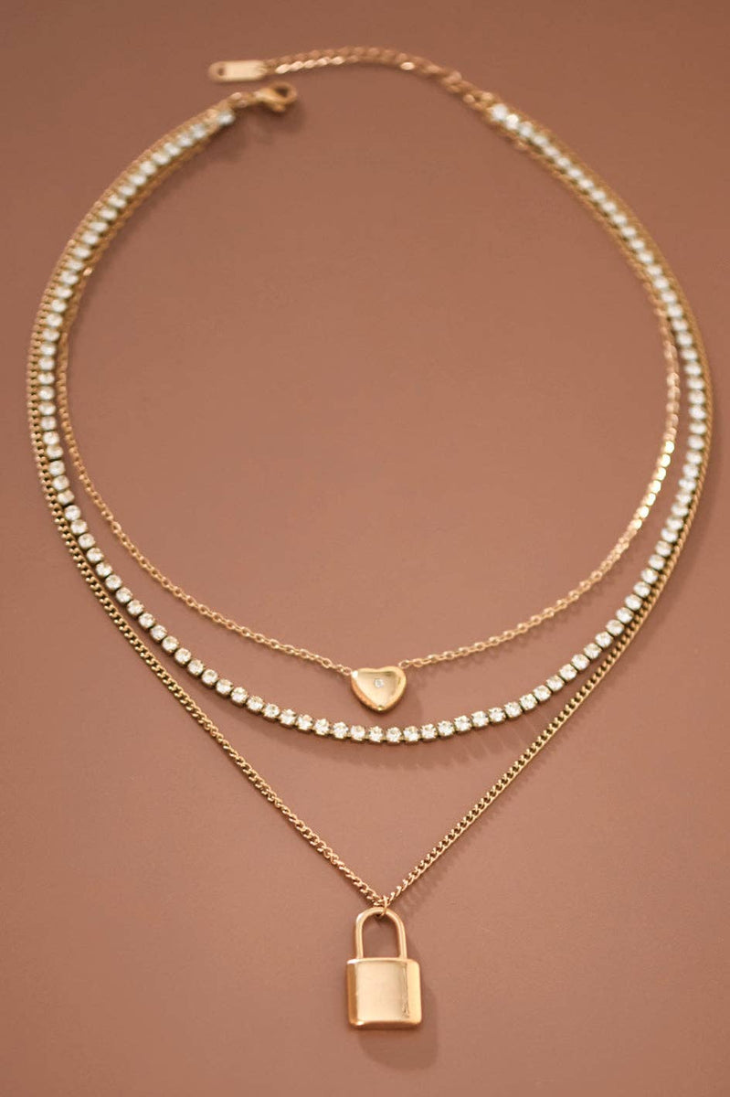 18K Gold Plated Stainless Steel Layered Lock Necklace