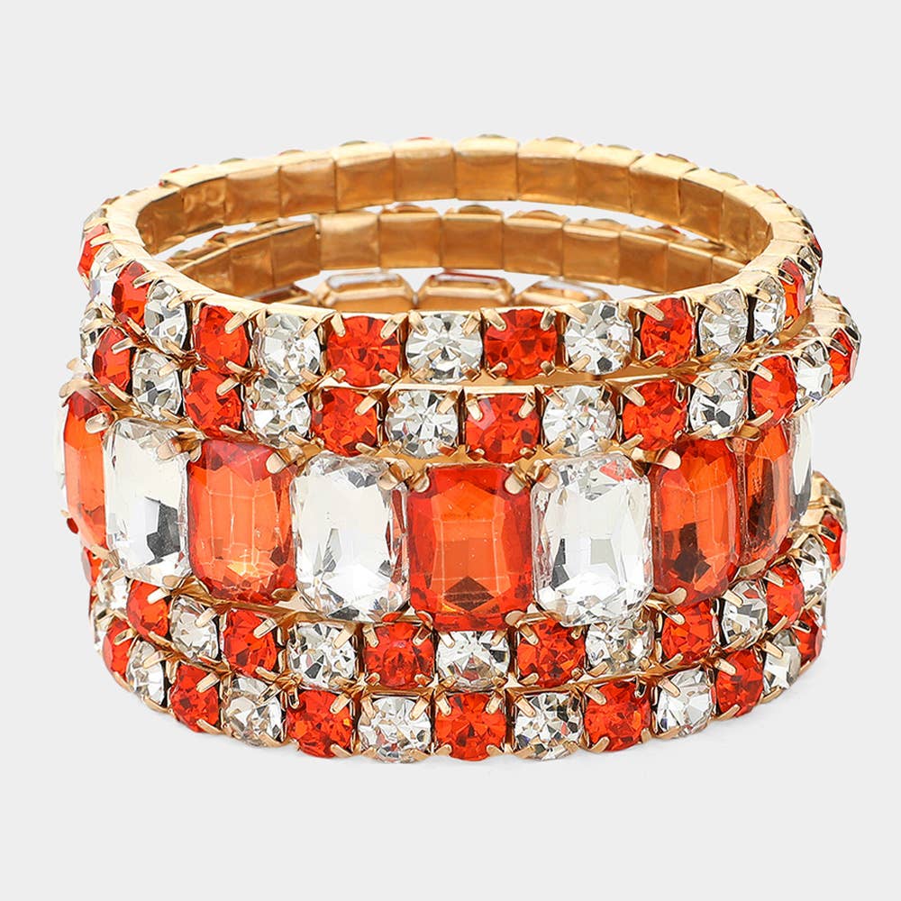 5PCS - Emerald Cut Round Stone Stretch Evening Bracelets: GOLD CLEAR