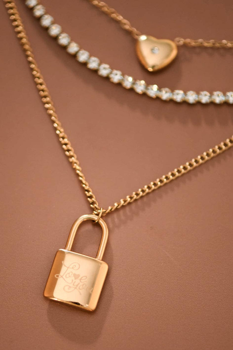 18K Gold Plated Stainless Steel Layered Lock Necklace