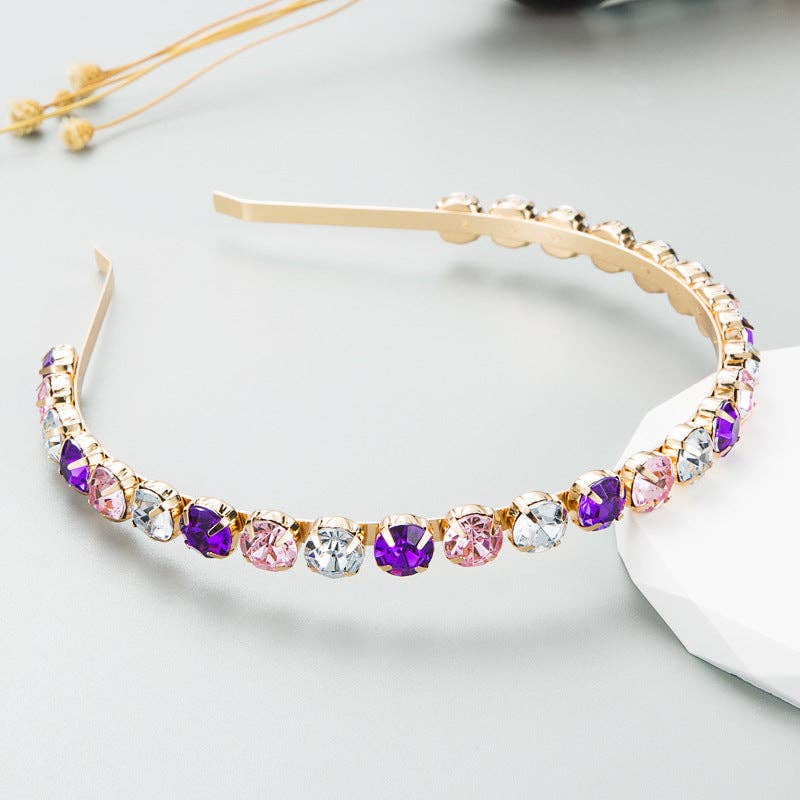 Baroque Gold Metal Headband With Colorful Rhinestones: Pastel Pink