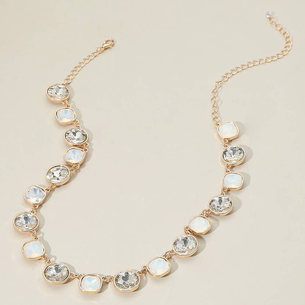 Round Square Stone Bezel Cluster Link Necklace: Clear