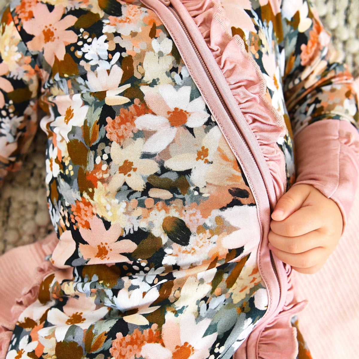 Palmer RUFFLE ZIP Bamboo Floral One Piece Baby Outfit: 6-12m