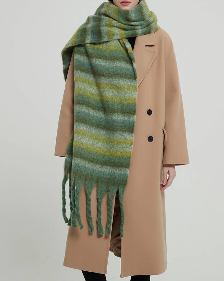 Multicolor stripe cozy soft fringe scarf wrap: Beige / M