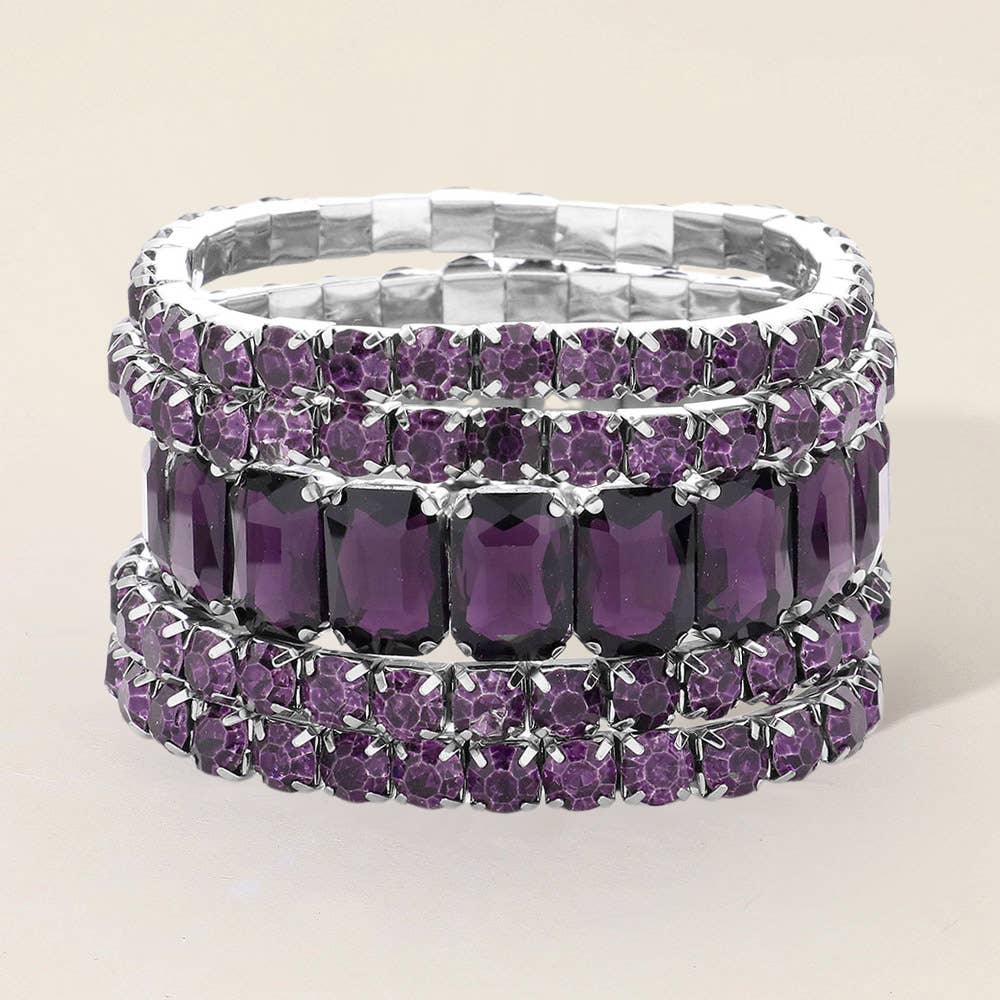 5PCS - Emerald Cut Round Stone Stretch Evening Bracelets: GOLD CLEAR