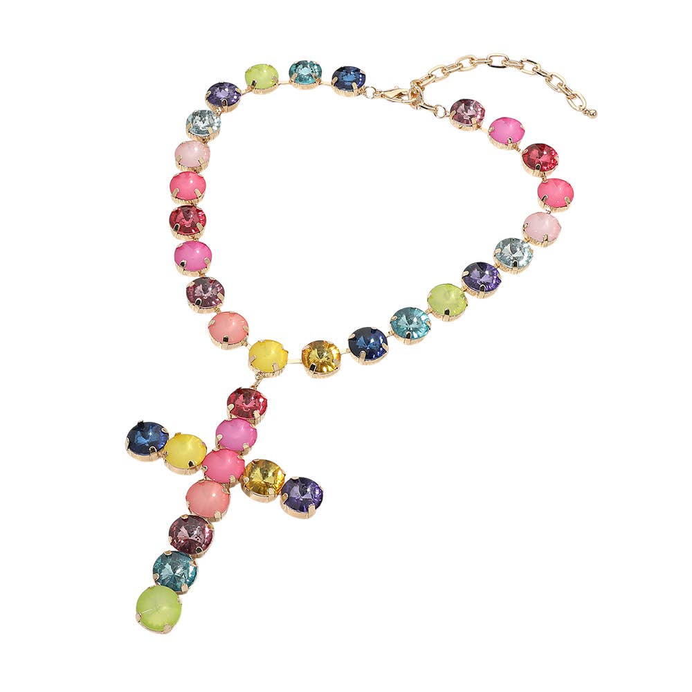 SECRET BOX_Bold Multicolor Faceted Round Gem Cross Pendant Link Statement Necklace