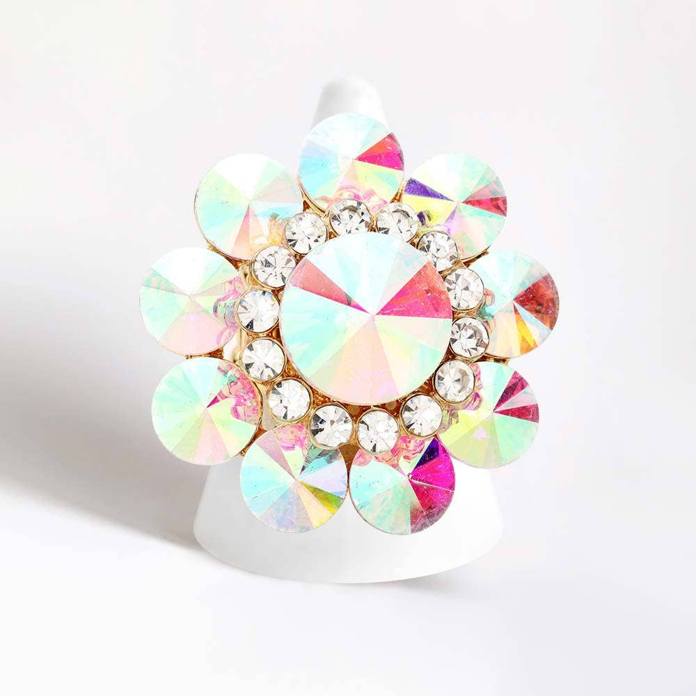 Round Crystal Flower Stretch Ring: Gold