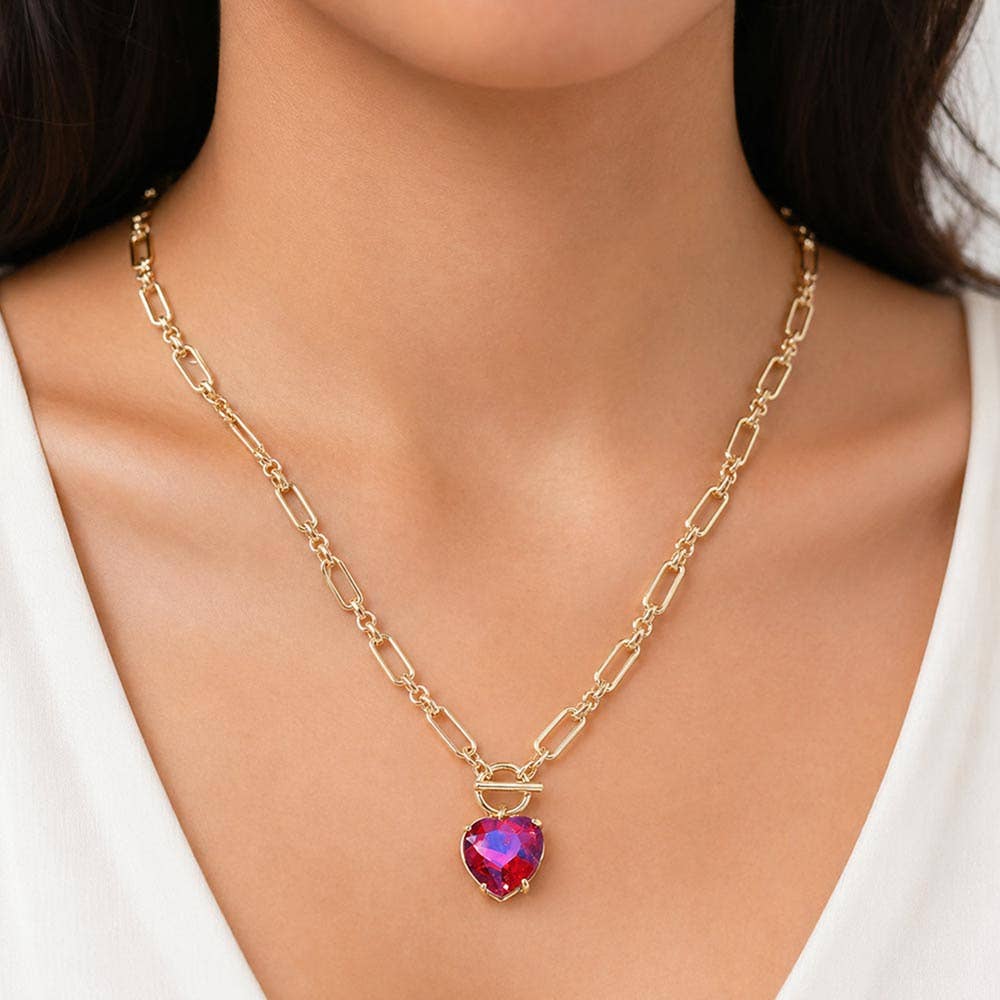 Chunky Heart Stone Cluster Toggle Pendant Necklace: Fuchsia,Neon
