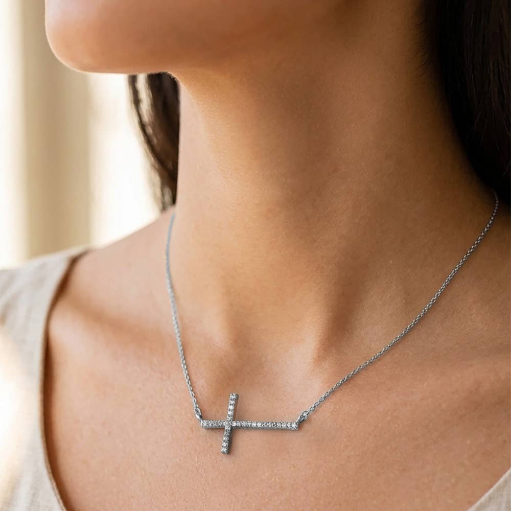 Sidways Crystal Pave Cross Pendant Necklace: Clear,Gold