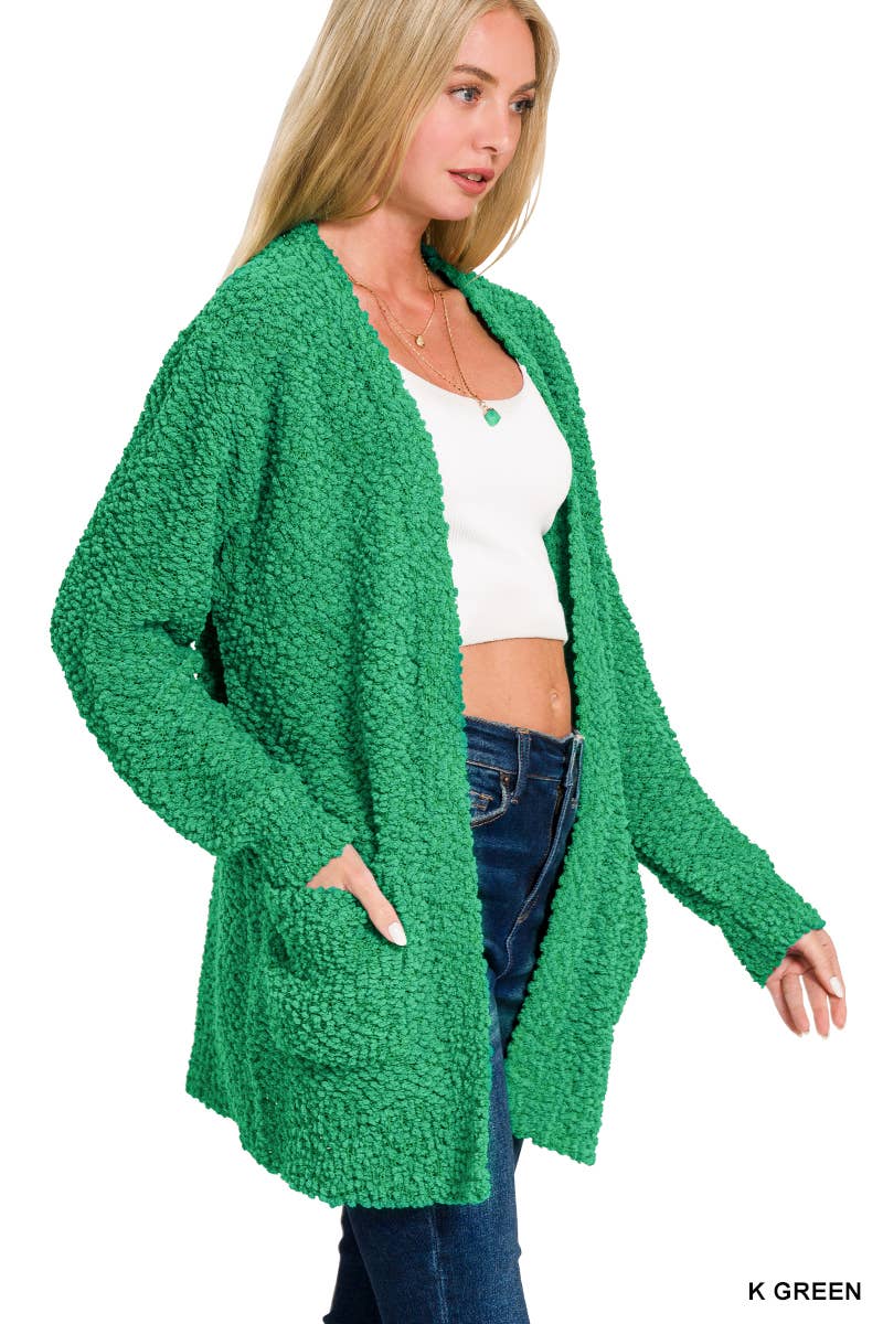 Long Sleeve Popcorn Sweater Cardigan With Pockets: BROWN / 1-1-1-1 (S-M-L-XL)