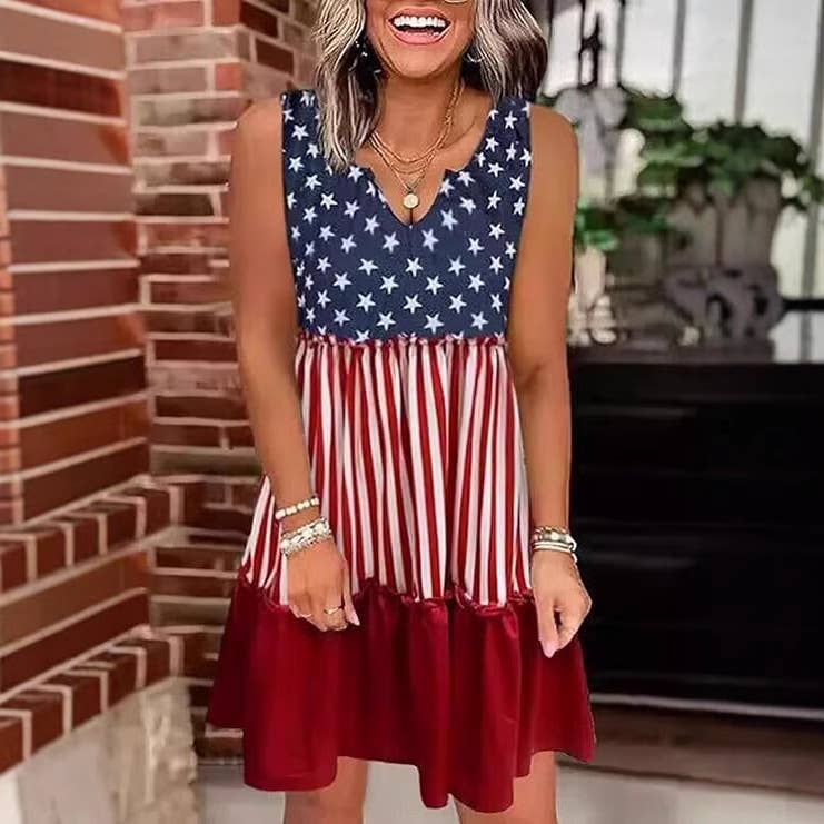 American flag print vest dress: Red / M