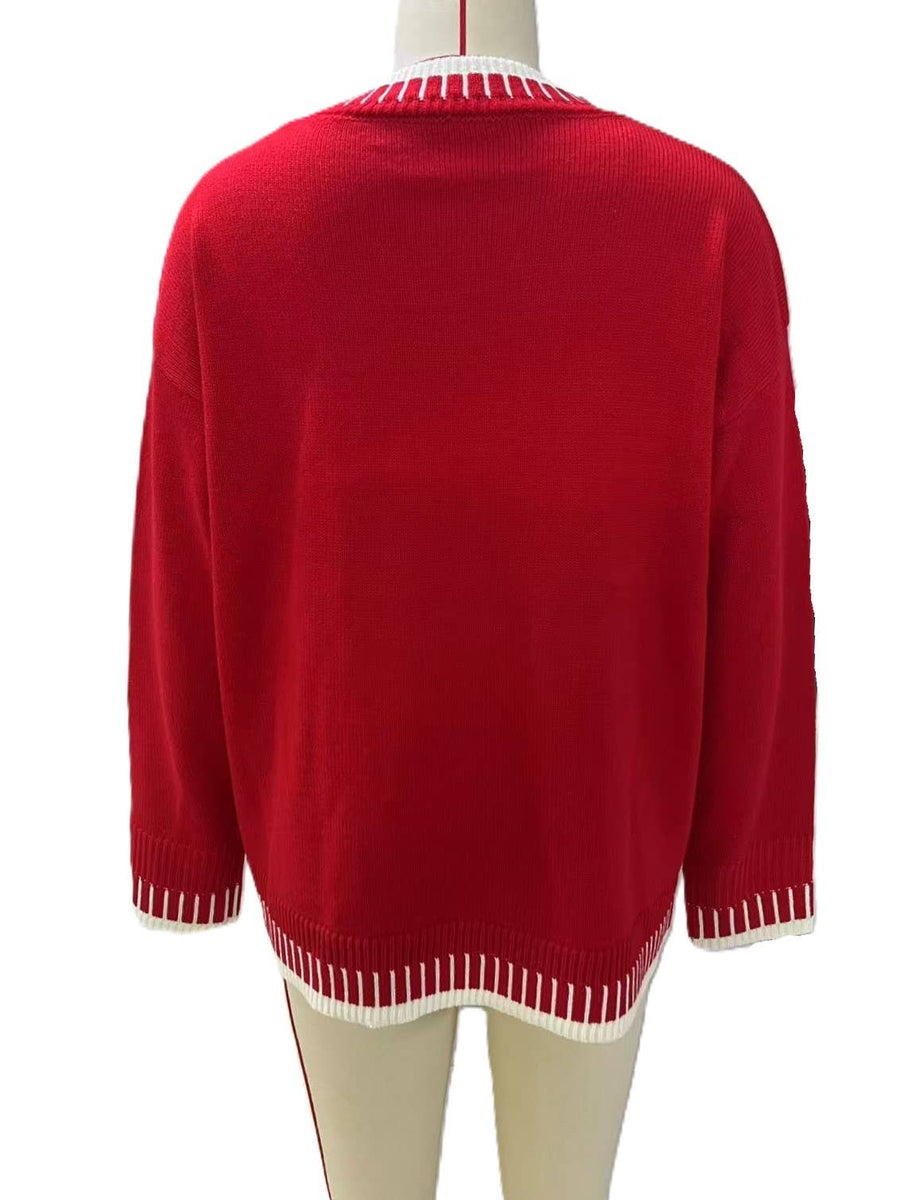 Merry Christmas Contrast Stitch Knit Sweater: RoseRed / L
