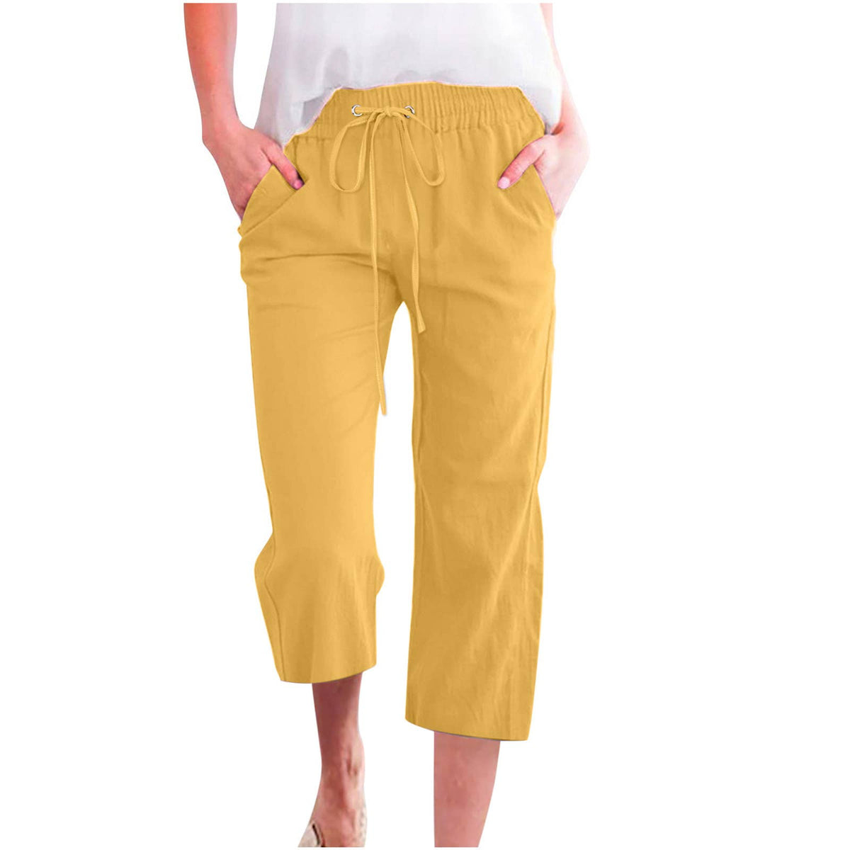 Casual Cropped Pants with Drawstring Waist and Pockets: DarkBlue / L