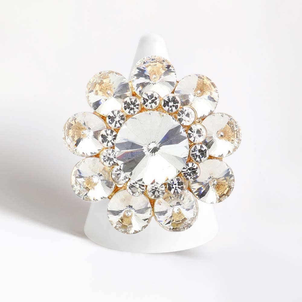 Round Crystal Flower Stretch Ring: Gold