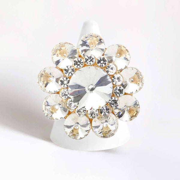 Round Crystal Flower Stretch Ring: Gold