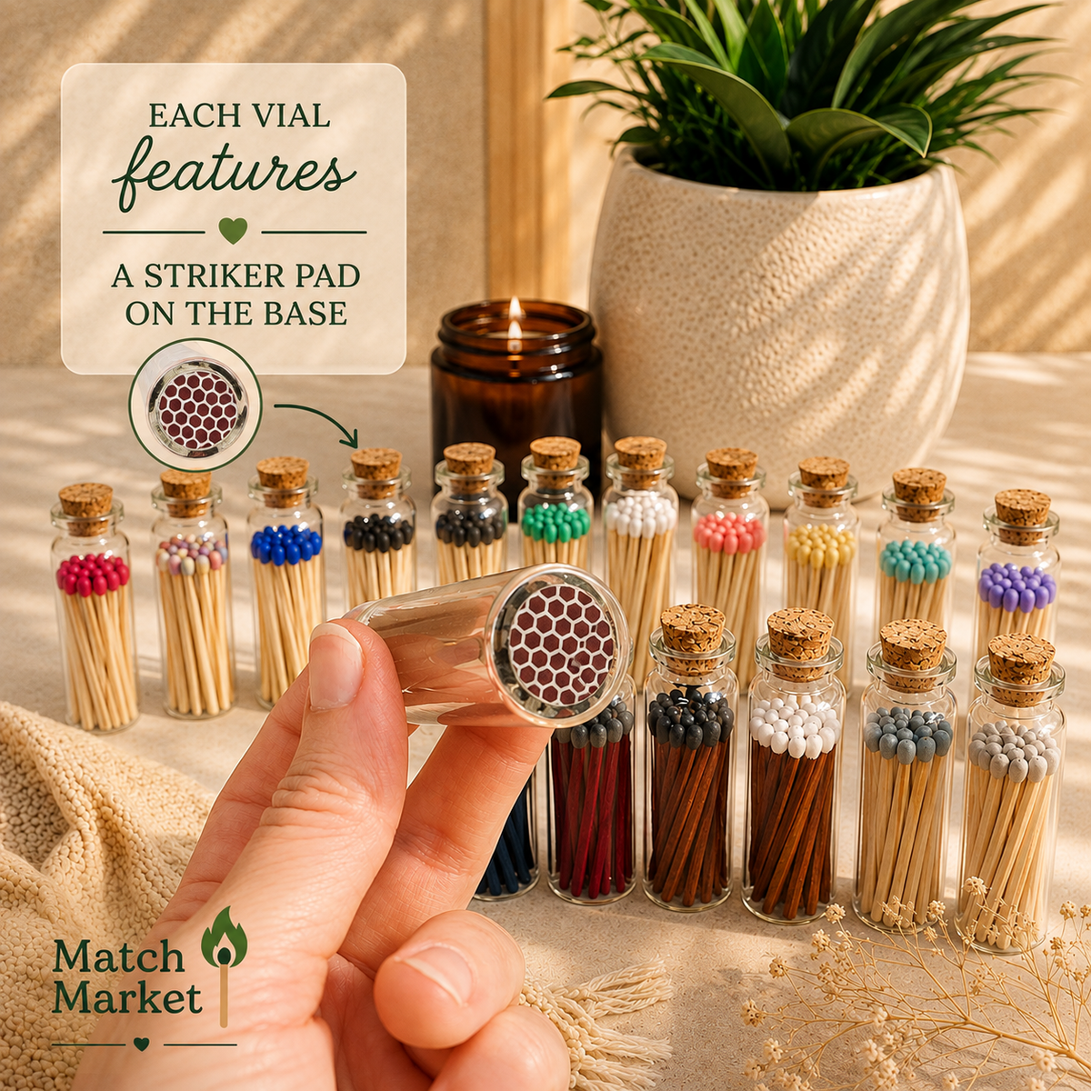 Color Tip Safety Matches in Glass Vial w Striker | 20 Colors: Rainbow