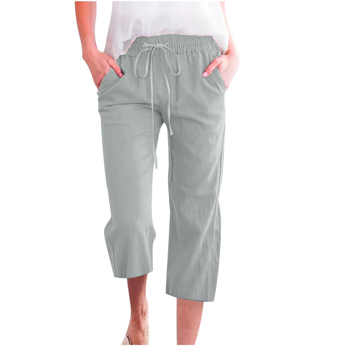 Casual Cropped Pants with Drawstring Waist and Pockets: DarkBlue / L
