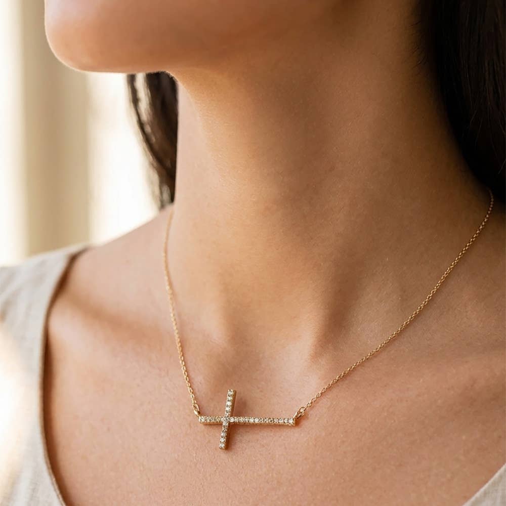Sidways Crystal Pave Cross Pendant Necklace: Clear,Gold