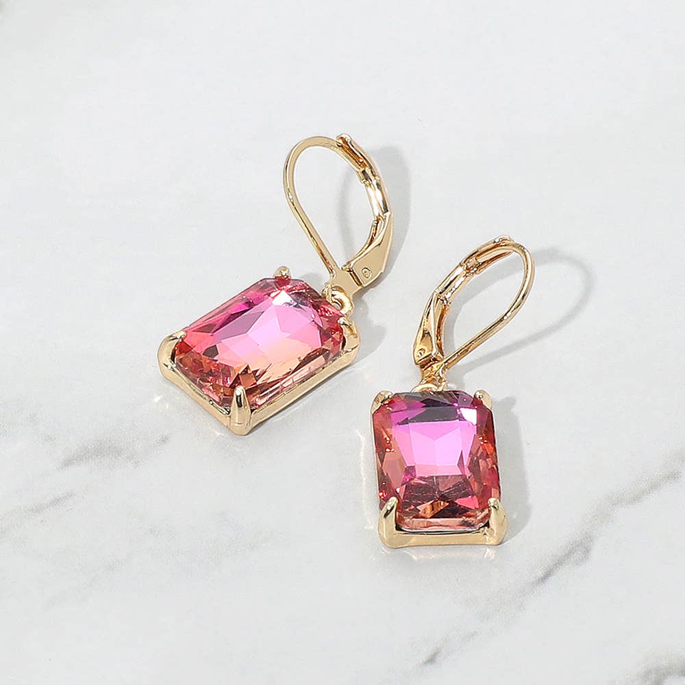 Rectangular Glass Stone Drop Dangle Earrings: Clear,Silver