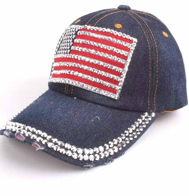 Fourth of July American flag rhinestones baseball cap: blue