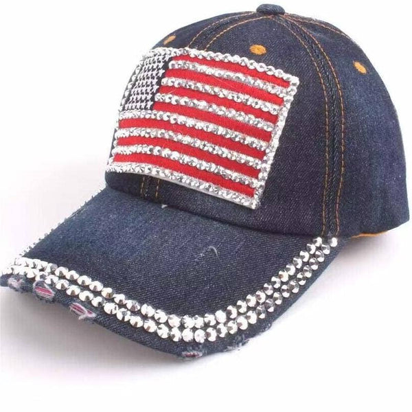 Fourth of July American flag rhinestones baseball cap: blue
