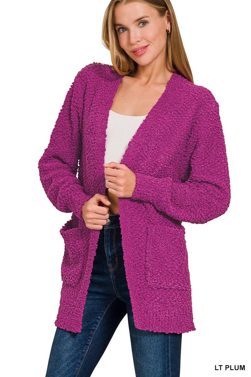 Long Sleeve Popcorn Sweater Cardigan With Pockets: ASH JADE / 1-1-1-1 (S-M-L-XL)