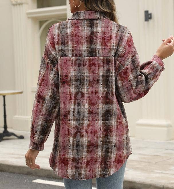 Plaid jacket checked ripped shacket: Green / L