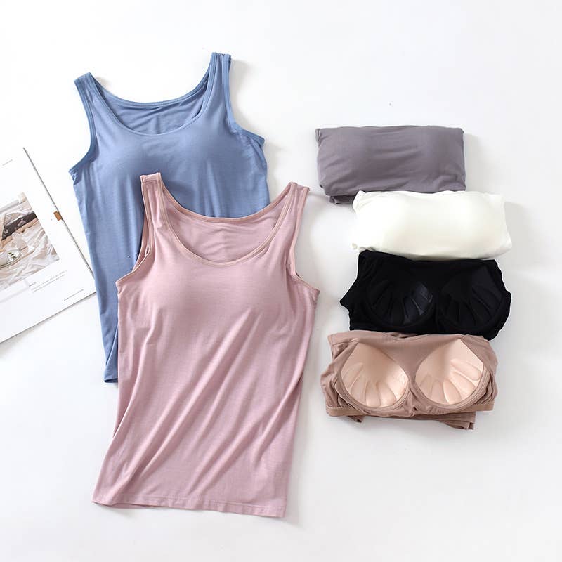 Skin-friendly soft round neck built-in bra tank top: Black / L