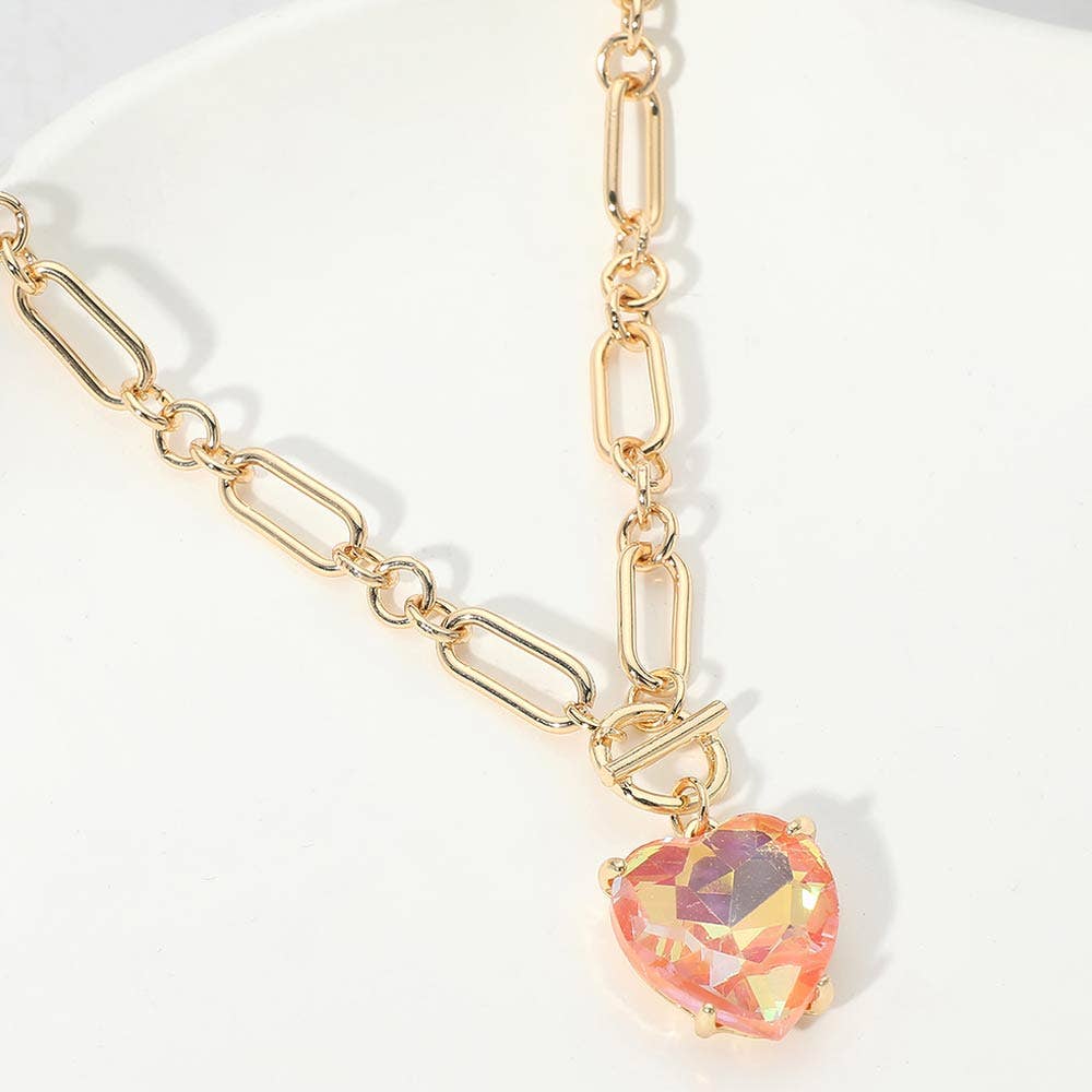Chunky Heart Stone Cluster Toggle Pendant Necklace: Fuchsia,Neon