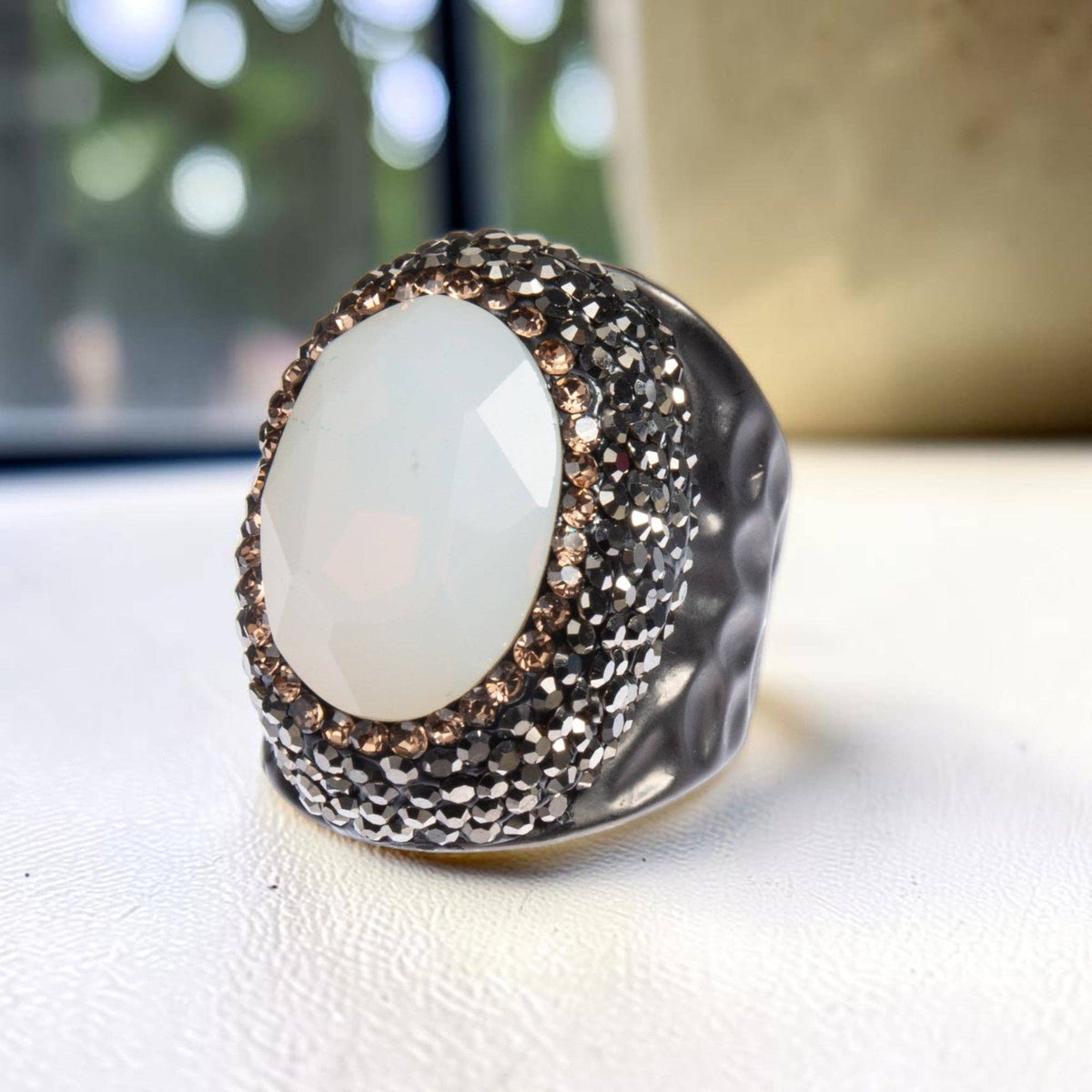Round Crystal Pavé Cocktail Ring R2531 - White Opal: Black