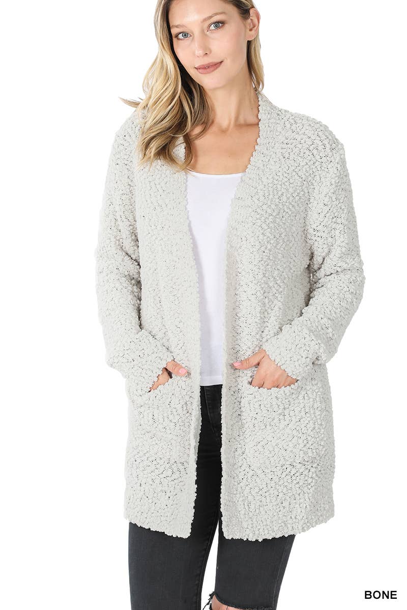 Long Sleeve Popcorn Sweater Cardigan With Pockets: BROWN / 1-1-1-1 (S-M-L-XL)