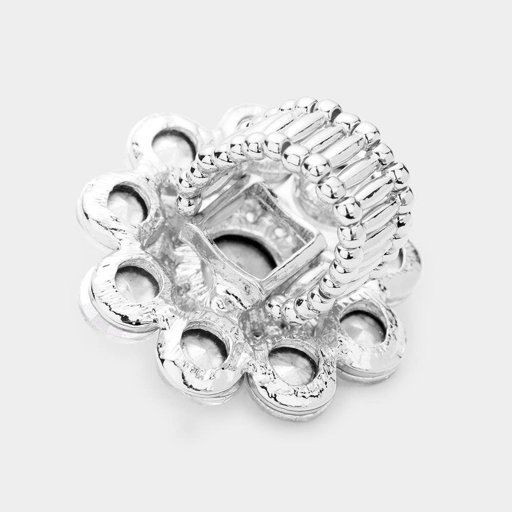 Round Crystal Flower Stretch Ring: Gold